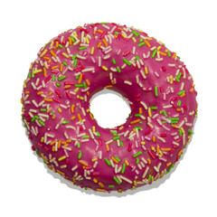 Donut with pink sugar fudge isolated on a white background.