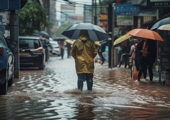 rain and flood on the street, storm, Catastrophe