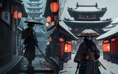 Red lanterns in japanese temple with samurai girl, collection.