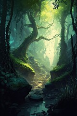 Fantasy Landscape: Forest Illustration with Digital Art and Jungle Artwork Set in an Enchanted Environment of Nature, Flora, and Green Trees: Generative AI
