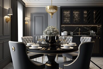 Luxury Dinner Room Design Inside Spacious Upscale Residence: Comfortable Interior with Marble Table, Stainless Cutlery & Subtle Lighting: Generative AI