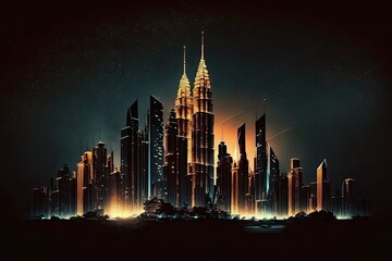Obraz premium Majestic Nighttime Glow: A Modern Urban Skyline of Buildings and Lights: Generative AI