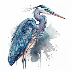 Striking Grey Heron in a Watercolor Illustration on a White Background: Generative AI