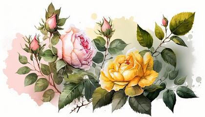 Spring Flowers: Bright Pink and Yellow Roses in a Watercolor Bouquet: Generative AI