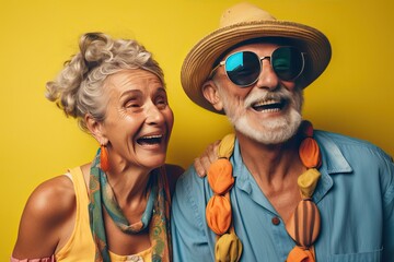 Portrait of a an Older Vacation Couple in Colorful Summer Clothes on a Yellow Background (Generative AI)