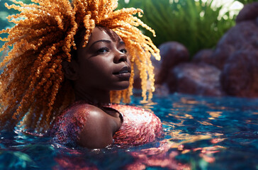 African american mermaid with gorgeous hairstyle in water. Generative AI.