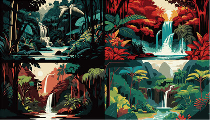  Lush Tropical Jungle with Waterfall  - obrazy, fototapety, plakaty