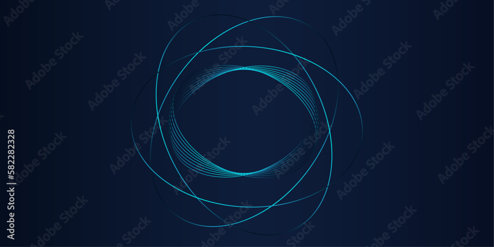Poster Vector abstract circle frame with wavy rounded lines pattern flowing in blue green colors isolated on black background for concept of music, technology, ai
