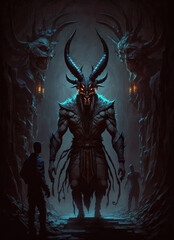 a demon standing in the middle of a tunnel, horns and red eyes, horned god, art illustration 