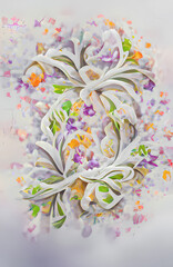 Wedding floral ornament. Soft and elegant floral background for weddings and other love greeting cards with copy space. Digital illustration created by AI, vertical format.