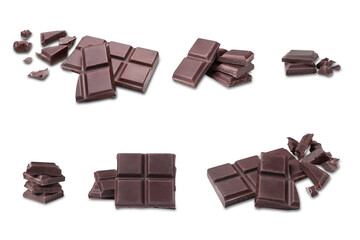 Collage with pieces of tasty chocolate bars on white background