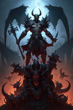 a demonic demon standing on top of a pile of skulls, diablo concept art  illustration 