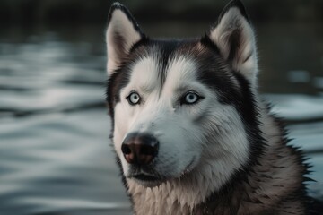 a close up of a Siberian husky with a background of water. Generative AI