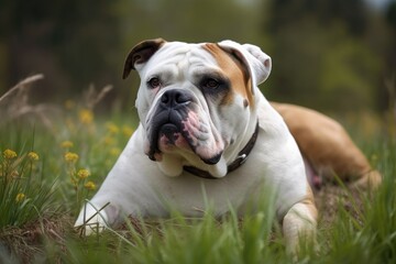 Obraz premium Laying in the grass is an American Bulldog. Generative AI