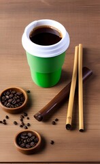 Obraz na płótnie Canvas Various bamboo travel reusable coffee or tea cups or silicone insulated clips