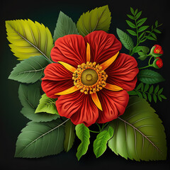 a red flower with a yellow center surrounded by green leaves, art illustration 