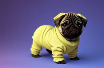 Cute pug puppy in costume. Little dog in clothes. Generative AI.