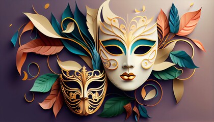 Venetian mask carnival, Paper art style, wallpaper. Generative AI.