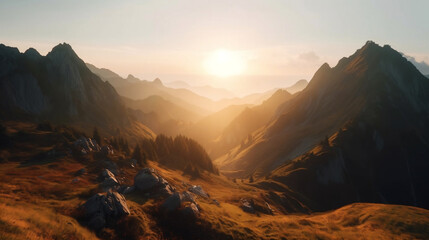 Mountain landscape, sunset in the background. Generative AI