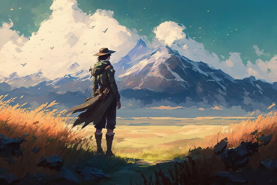 painting of a person standing in a field with mountains in the background, anime landscape, fantastic, fantasy art illustration 