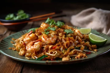 Foto op Canvas Thai cuisine Stir fried noodles with shrimp in pad thai. Generative AI © AkuAku