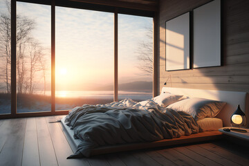 Bedroom with two empty blank white picture frames, scenic sunrise view large windows for mockup, design, template
