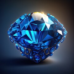 Front view close-up of shining bright blue sapphire gemstone illustration on a dark gray background. AI generative.