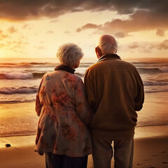 Back view of a senior couple on the beach on vacation. Generative AI.