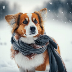 Dog in a scarf on the snow. Generative AI.