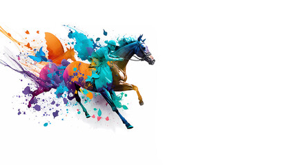 Horses will jump in a splash of colors. Banner. place for text. created  AI