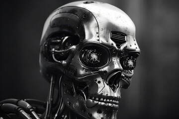 Vintage robot in black and white photo. Generative AI