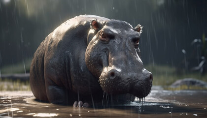 big hippopotamus swimming in the water and out in the sun