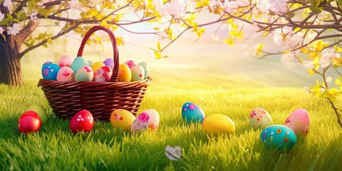 Küchenrückwand glas motiv Gelb Spring easter decoration. Colorful eggs in a basket in spring sunny blooming cherry orchard. generative ai. Beautiful natural easter banner with copy space