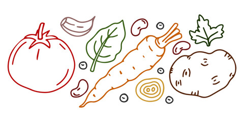 
Line drawing vegetables background. Sketch design. Banner. Perfect for design recipe, menu, delivery, packaging.