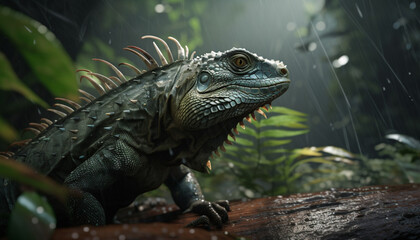 Fototapeta premium iguana in a forest in the rain and the sun