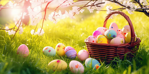 Spring easter decoration. Colorful eggs in a basket in spring sunny blooming cherry orchard. generative ai. Beautiful natural easter banner with copy space