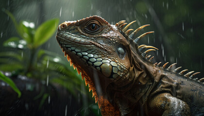 Fototapeta premium iguana in a forest in the rain and the sun