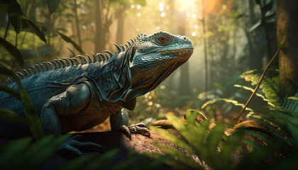 Obraz premium iguana in a forest in the rain and the sun