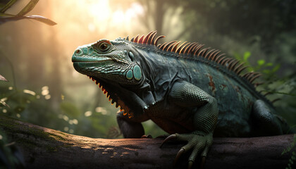 Fototapeta premium iguana in a forest in the rain and the sun