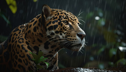 Fototapeta na wymiar a spotted jaguar in the dessert and forest. Sun shining and rain droplets falling