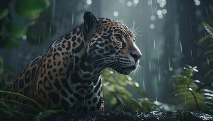 a spotted jaguar in the dessert and forest. Sun shining and rain droplets falling