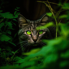 Naklejka na ściany i meble illustration of a cat with green eyes. Generative AI image.