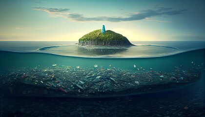 An island in the middle of the ocean of bottles, fishing nets, swim vests and plastic trash. Generative AI.