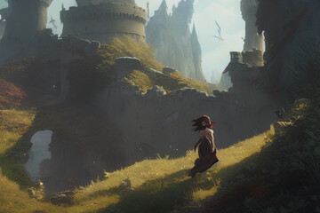 Person Near a Ruined Castle