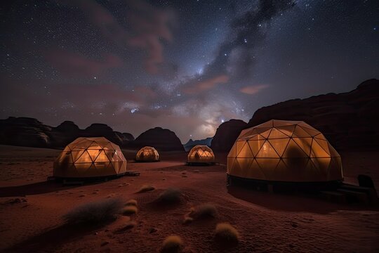Stars above martian dome tents in Wadi Rum Desert, Jordan. Generative AI