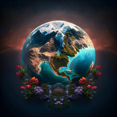 Planet earth is surrounded by flowers. earth day concept.