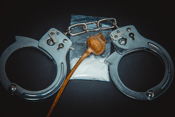 Handcuffs, a bag of white powder and handcuffs on a black background. The concept of punishment for the manufacture and distribution of drugs. Close-up.