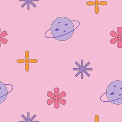 Retro seamless pattern with 1990s stickers. Positive vector wallpaper on a dark blue background