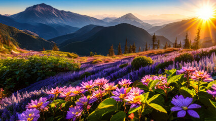 Lavender plantation on the mountain, spring season, at sunset by generative AI