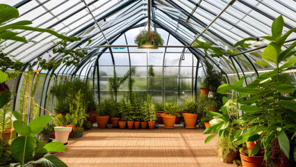 Greenhouse with beautiful potted plants in spring by generative AI